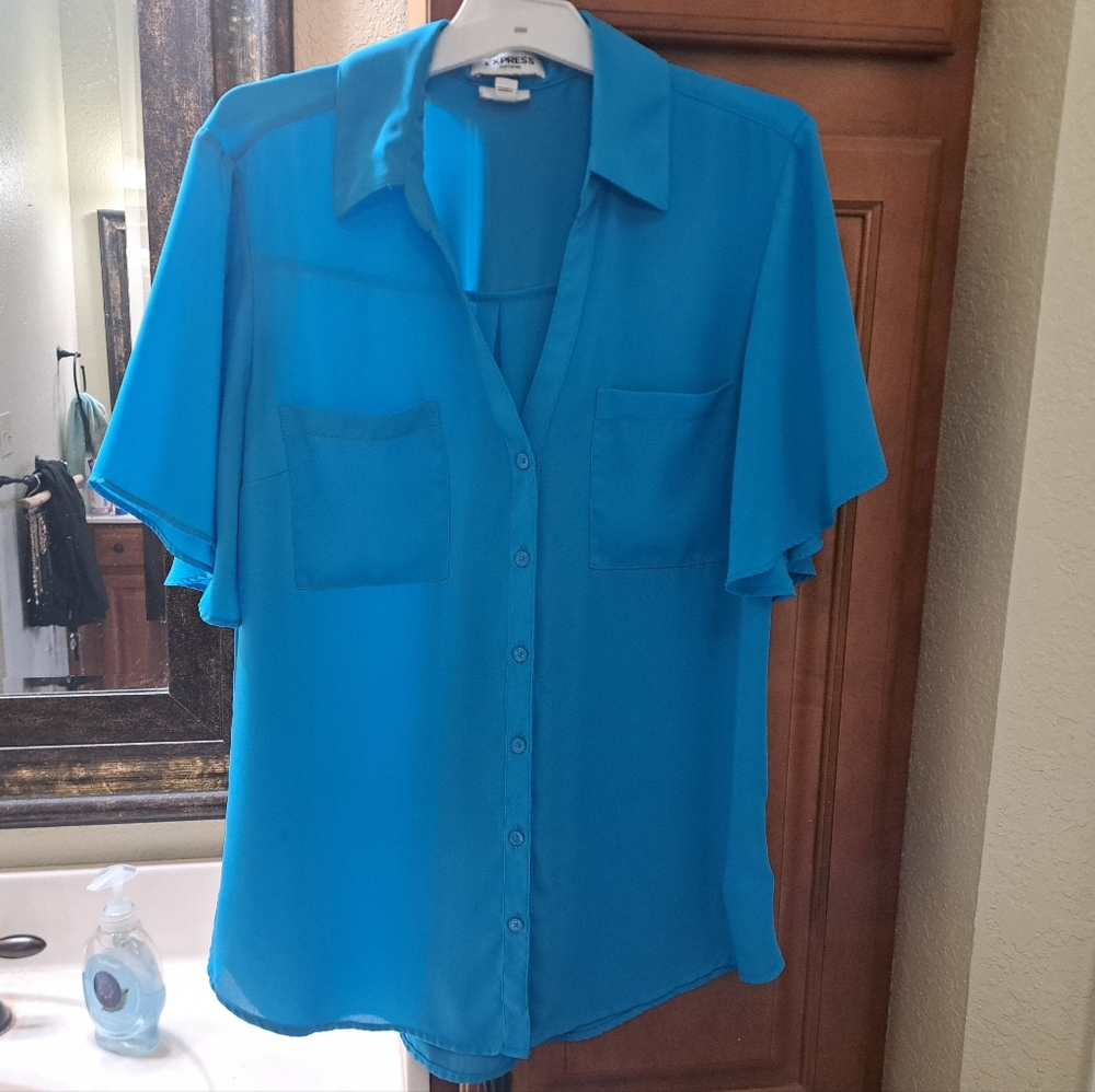 Express Blue Button-Down Flutter Sleeve Shirt Size Slim Medium